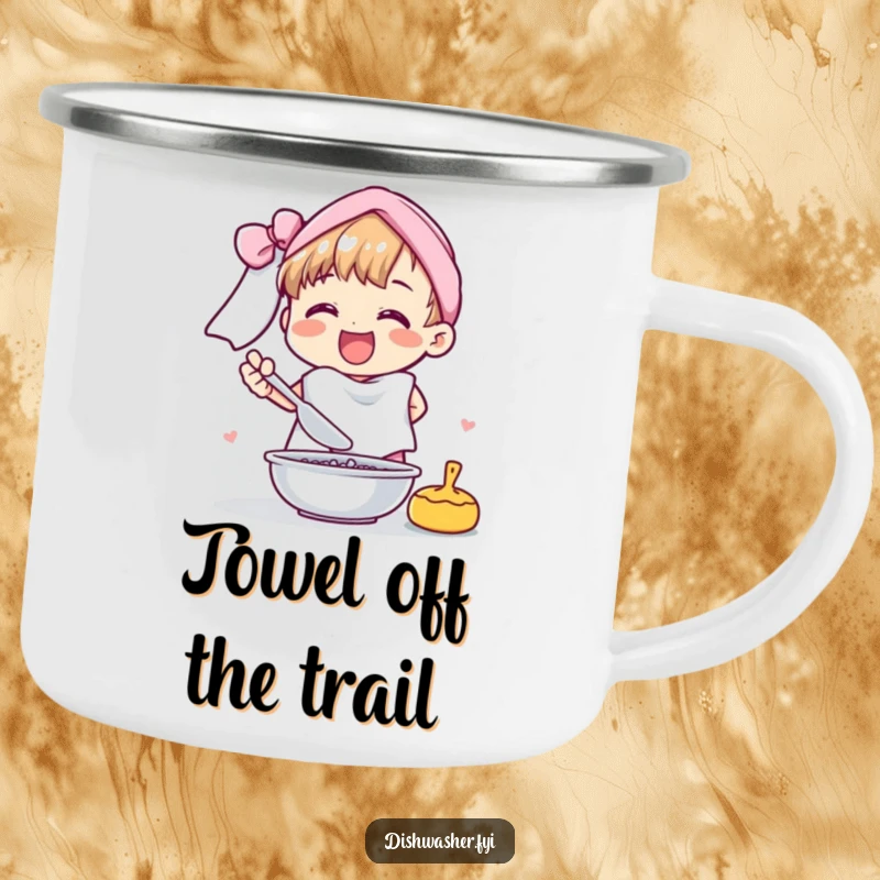 Funny camping mug with a cheerful character drying dishes with a fluffy towel, perfect for outdoor humor.