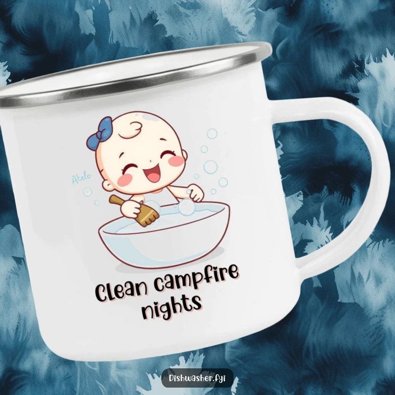 Funny camping mug with a cheerful character gleefully scrubbing a sparkling dish with bubbles, perfect for drinks during outdoor adventures.