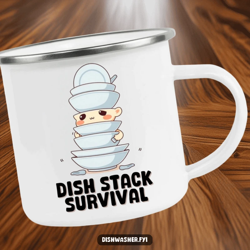 Funny camping mug showing a determined character expertly stacking dirty dishes with impressive precision, perfect for outdoor meals.
