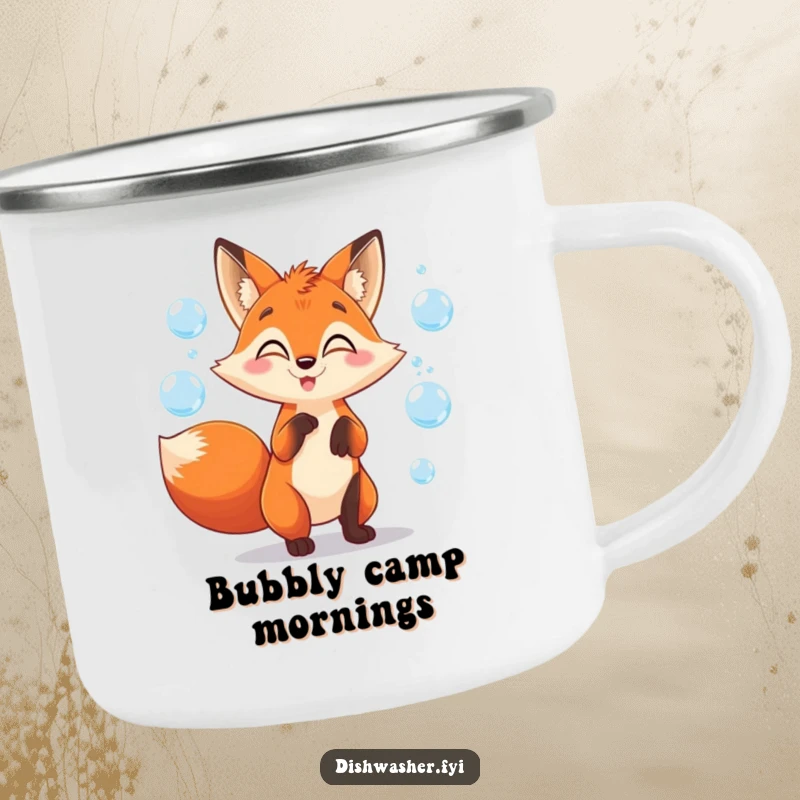 Funny fox camping mug with a mischievous fox juggling soap bubbles, perfect for outdoor adventures and playful, humorous drinks.