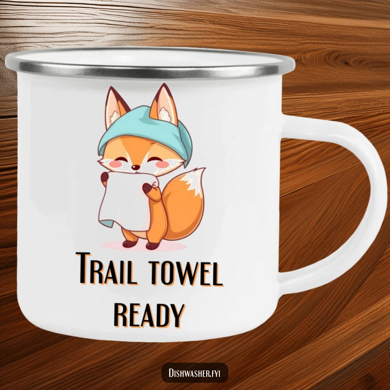 Funny camping mug with a fox unfurling a spotless kitchen towel, perfect for outdoor adventures and appreciating a clean, humorous design.