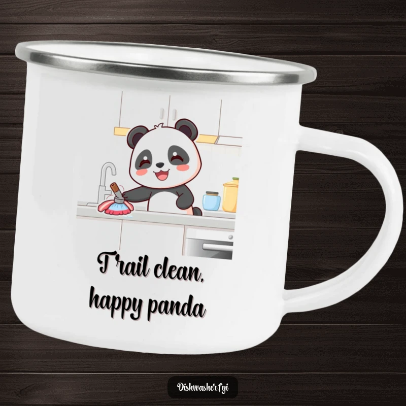 Funny Panda Camping Mug: Features a happy panda wiping a counter, perfect for outdoor enthusiasts who love a good laugh.
