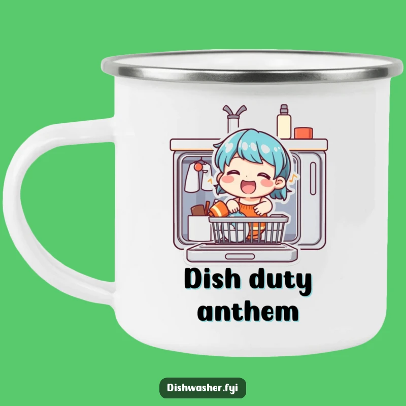 Funny Singing Dishwasher Camping Mug: Cheerful Character, Outdoor Humor Gift