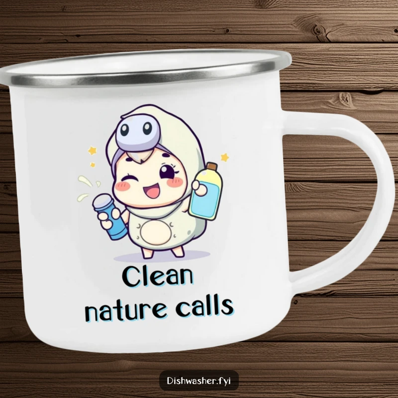 Funny camping mug with a happy character energetically spraying cleaning liquid with a wink, perfect for drinks during outdoor adventures.