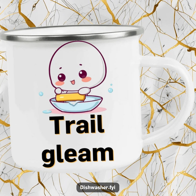 Funny camping mug showing a playful character using a squeegee to make a dish gleam, perfect for outdoor cleanliness.