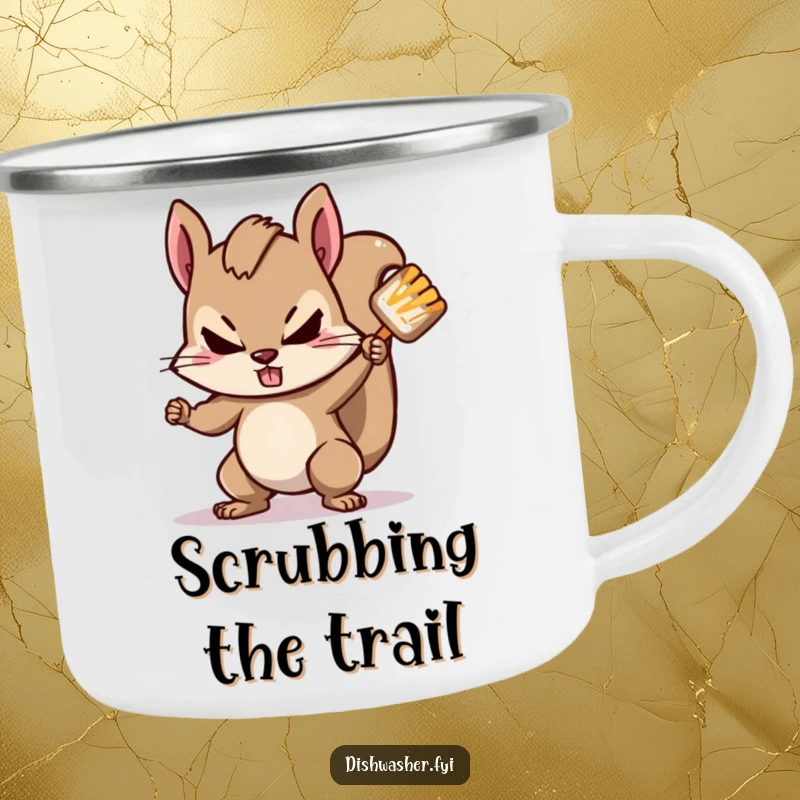 Funny squirrel camping mug with a determined squirrel scrubbing a spot, perfect for outdoor adventures and motivational, humorous drinks.
