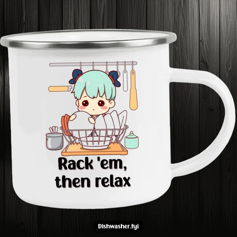 Funny camping mug shows a determined character meticulously arranging dishes in a drying rack, adding humor to outdoor chores.