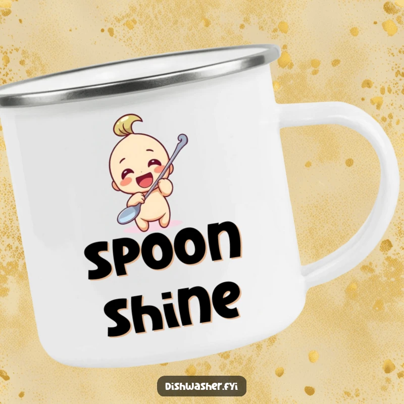 Funny Camping Mug: A character devoted to polishing a giant spoon, suitable for rugged adventures and providing outdoor amusement.