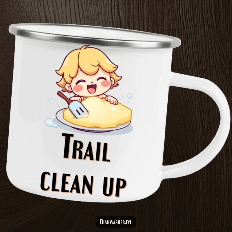 Funny camping mug with a happy character vigorously scrubbing a plate with a giant, bubbly sponge. Ideal for outdoor enthusiasts who appreciate cleaning humor.