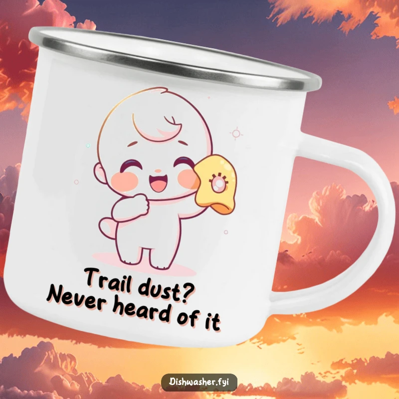 Funny camping mug showcasing a delighted character cleaning a glass, perfect for outdoor enthusiasts who appreciate humor.