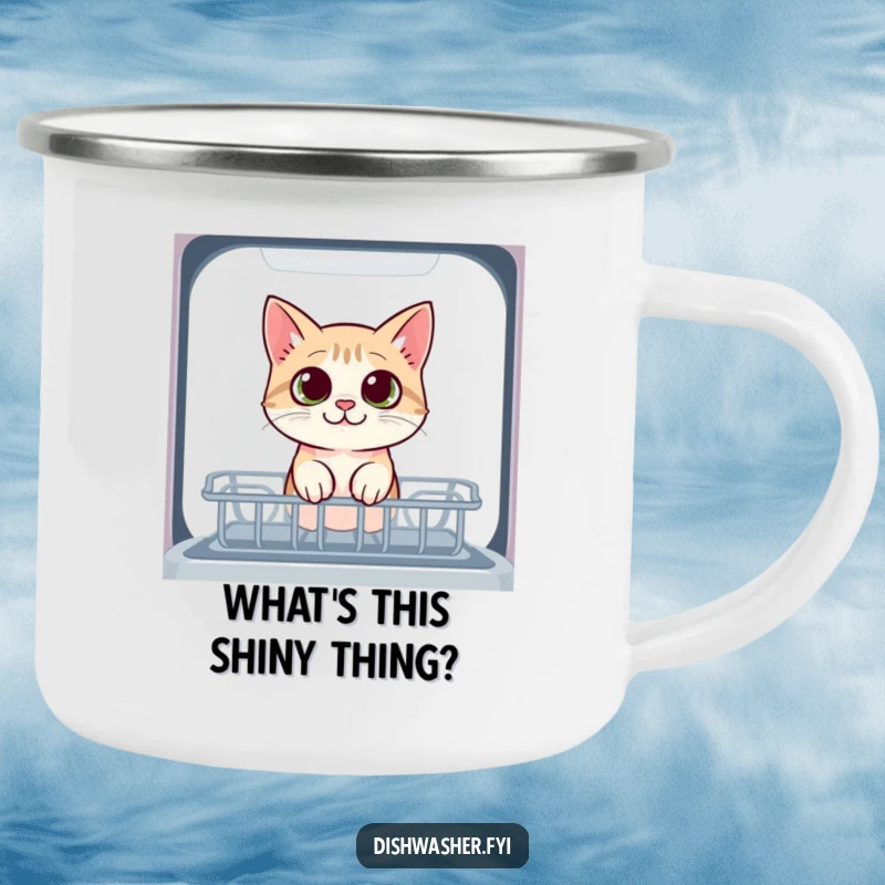 Funny cat camping mug featuring a curious cat peeking into the dishwasher with wide eyes, ideal for enjoying drinks outdoors with humor.
