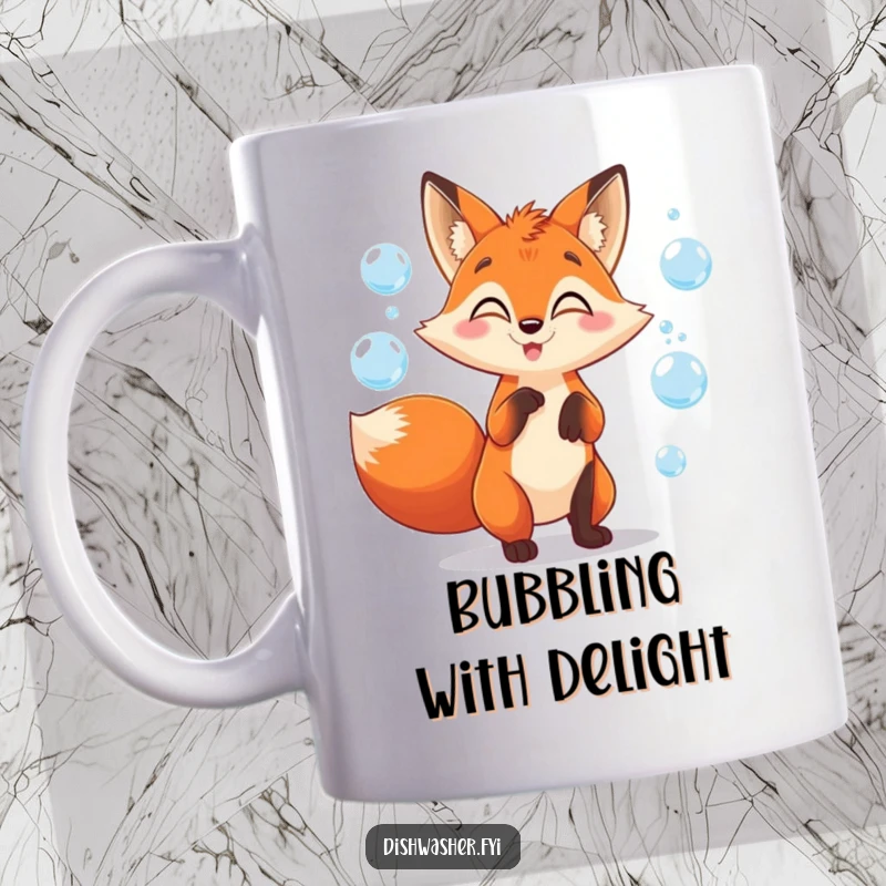 Funny fox mug featuring a mischievous fox character playfully juggling iridescent soap bubbles with a gleeful, impish expression.
