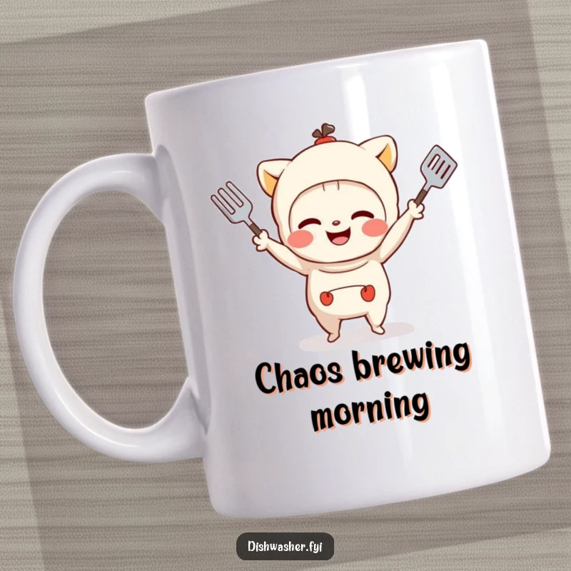 Funny mug featuring a mischievous character grinning while expertly juggling small kitchen utensils like whisks and spatulas.