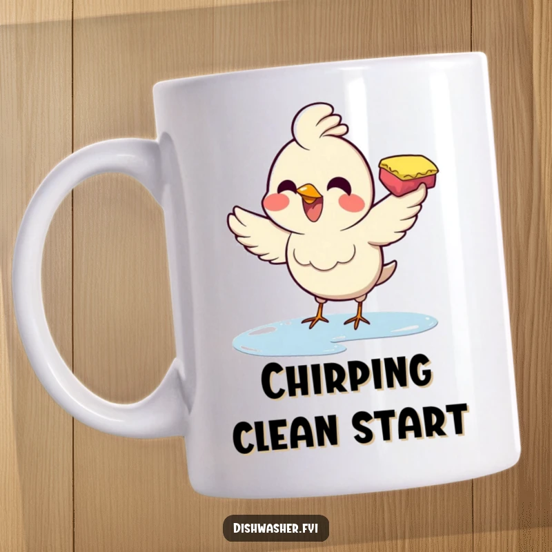 Funny mug featuring a joyful bird using a sponge to enthusiastically wipe a surface with a determined and happy expression.