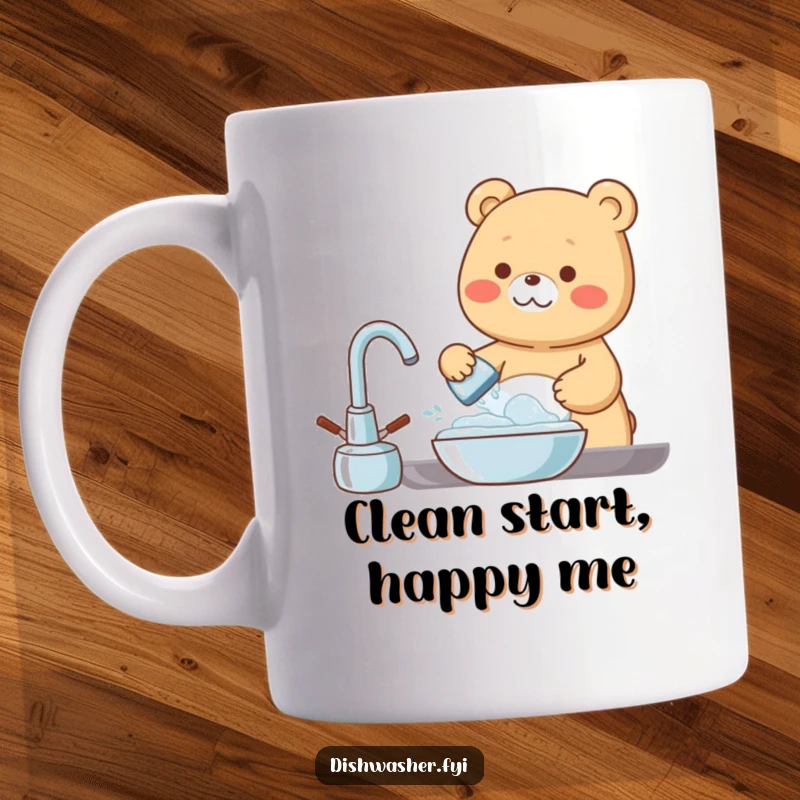 Funny Mug featuring a cheerful bear character happily washing dishes with lots of bubbles, bringing a smile to your face.