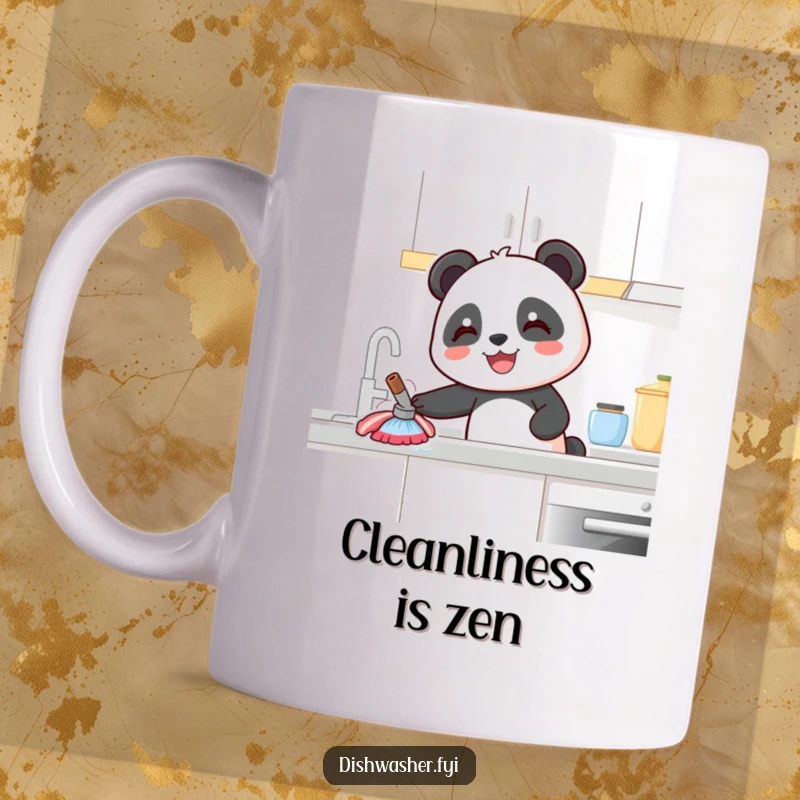 Funny Panda Mug: A smiling panda enthusiastically wipes a kitchen counter, spreading joy and cleanliness with its delightful expression.