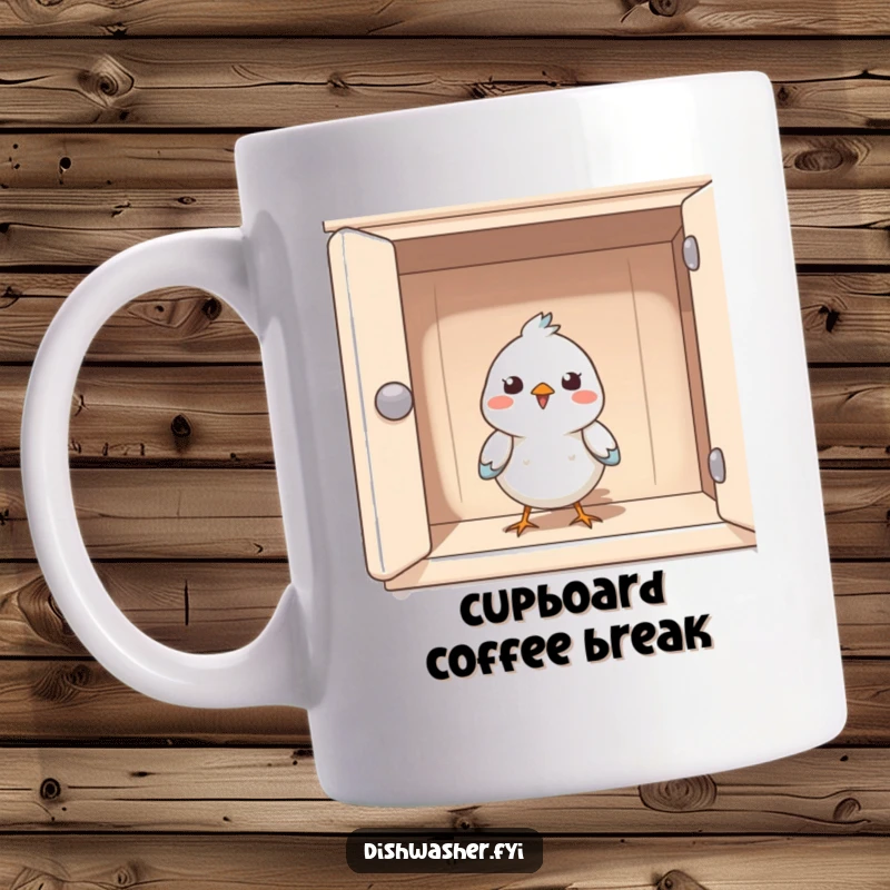 Funny mug showing a happy bird peeking curiously from inside a perfectly clean cupboard, radiating joy and contentment.