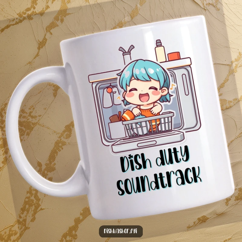 Funny mug featuring a joyful character enthusiastically singing as they load a dishwasher, bringing musical cheer to kitchen tasks.