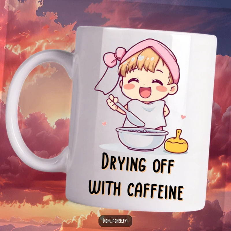 Funny mug with a cheerful character joyfully drying dishes with a fluffy towel, a humorous depiction of kitchen chores.