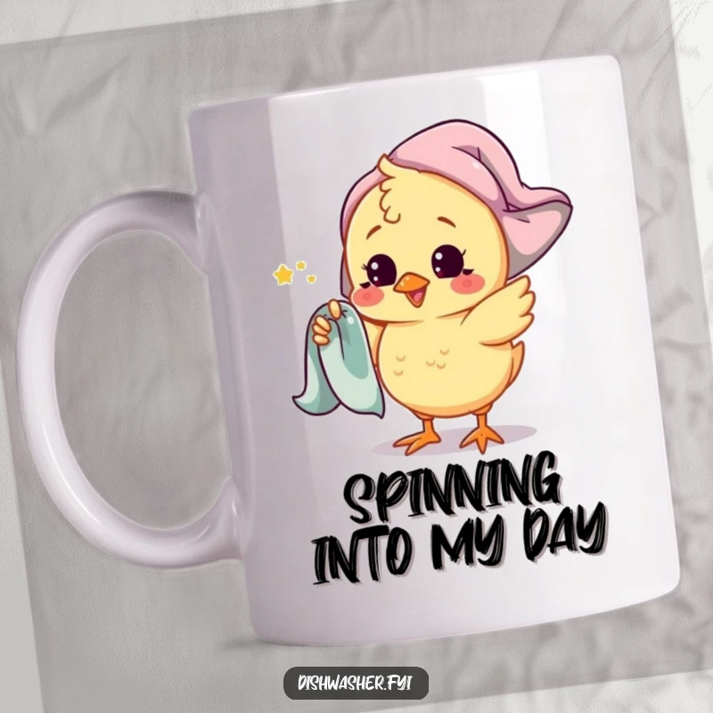Funny chick mug showing a playful chick character spinning a drying towel around its finger, full of energy and charm.