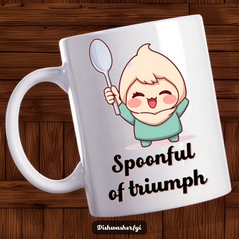Funny mug depicting a character triumphantly holding up a sparkling clean spoon with a playful wink, celebrating spotless achievement.