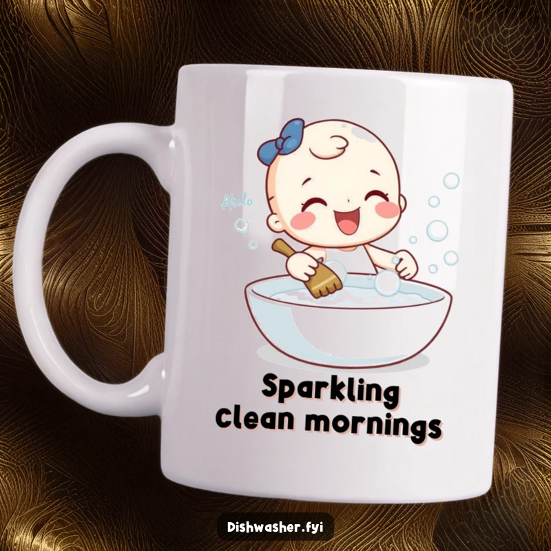 Funny mug showing a cheerful character gleefully scrubbing a sparkling dish with lively bubbles, bringing a clean and joyful vibe.