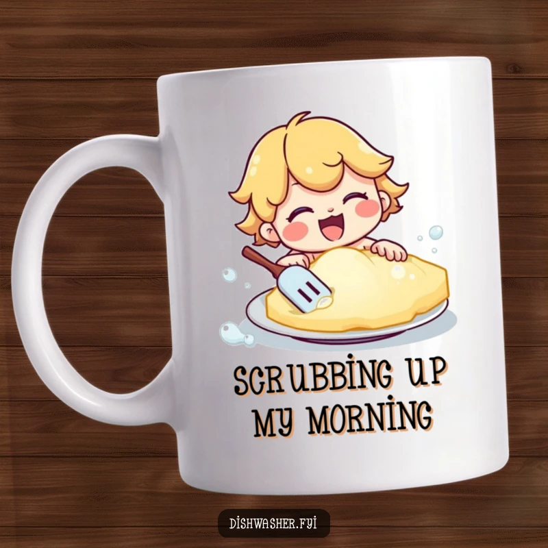 Funny mug featuring a happy character vigorously scrubbing a plate with a massive, bubbly sponge. Captures the joyous effort of cleaning.