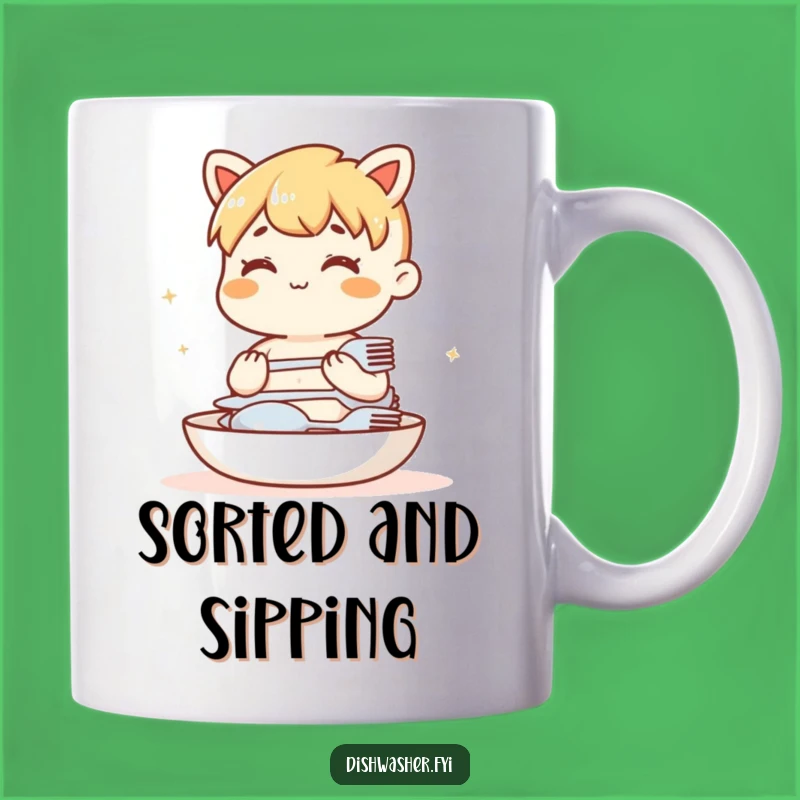 Funny Cutlery Stacking Mug: Content Character Humorous Kitchen Gift Idea