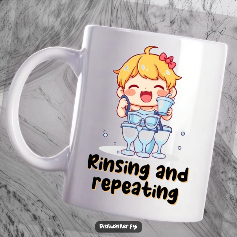 Funny mug with a delighted character enthusiastically rinsing a tall stack of glasses, a humorous kitchen scene.