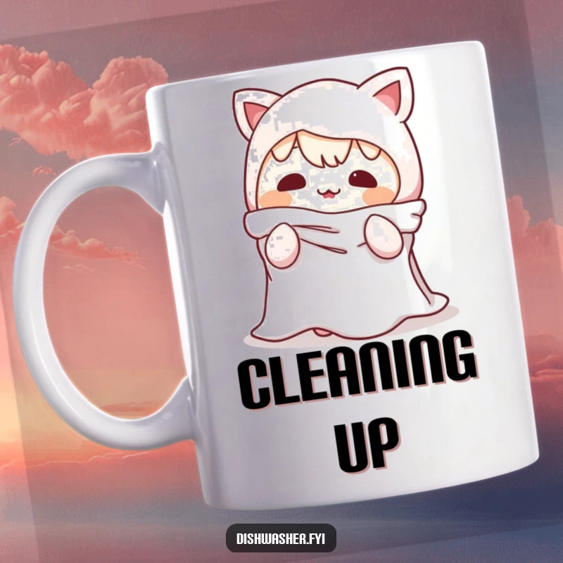 Funny Mug: A mischievous character comically posing as a dishrag, ready to clean up with a cheeky grin.
