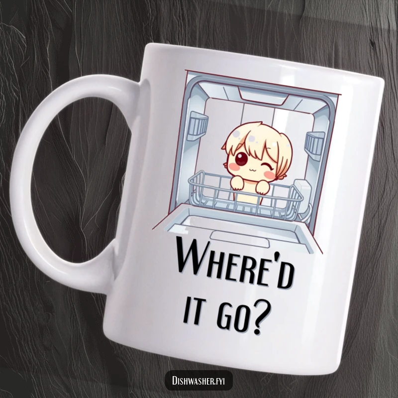 Funny Mug: A curious character looking bewildered into an empty dishwasher, capturing the universal question of 'who used all the dishes?'