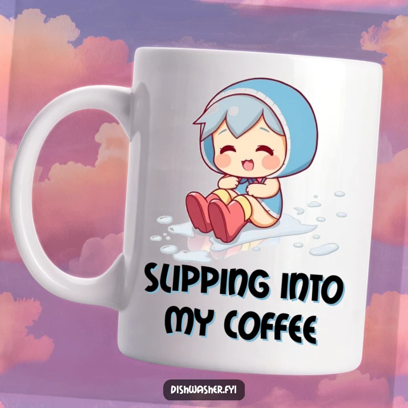 Funny mug shows a playful character joyfully sliding on a wet floor, wearing bright rubber boots.