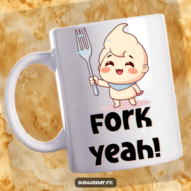 Funny mug featuring a smiling character triumphantly holding up a sparkling clean fork, representing culinary success and humor.
