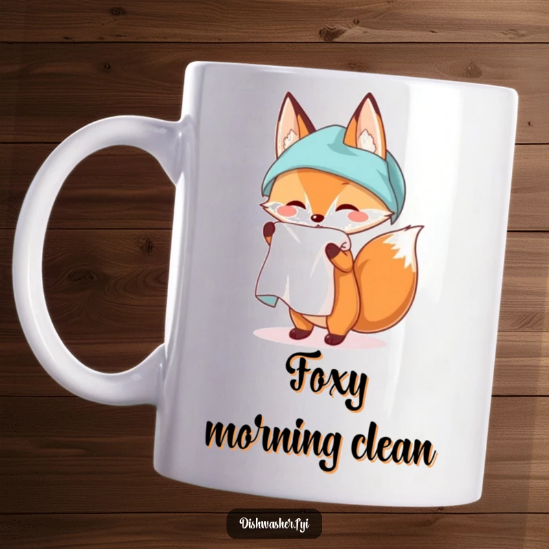 Funny mug with a sly fox character proudly unfurling a perfectly clean, spotless kitchen towel, exuding a sense of mischievous tidiness.