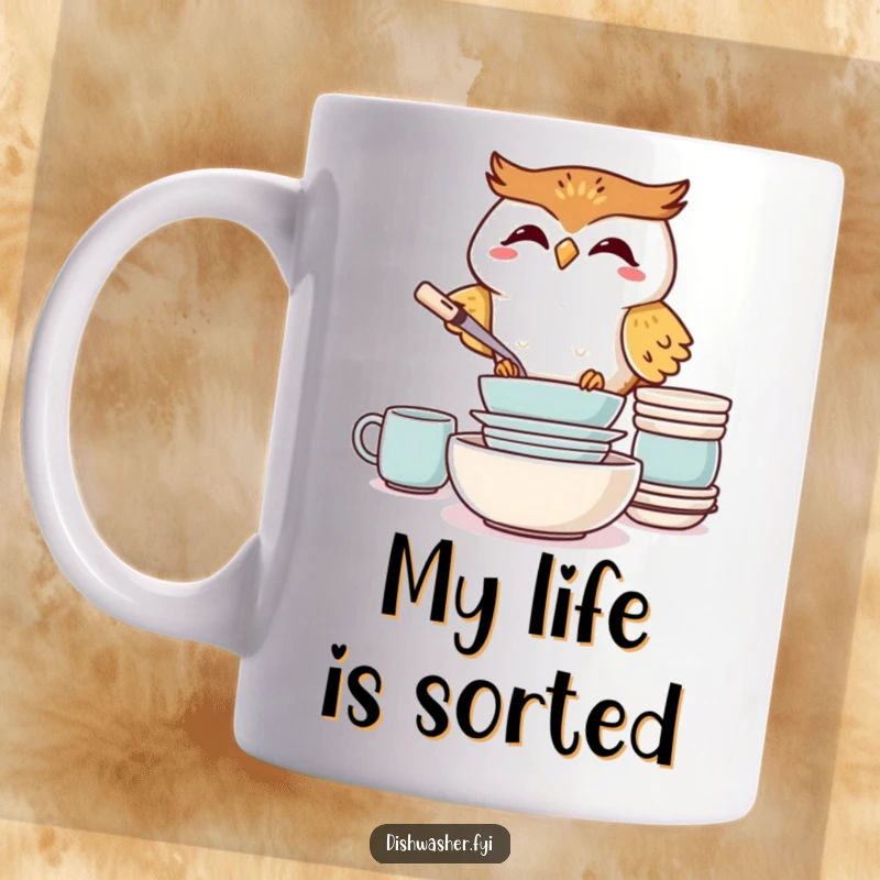Funny Giggling Owl Mug, meticulously stacking clean dishes with a joyful expression, perfect for kitchen humor and gift-giving.
