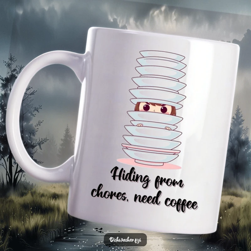 Funny mug featuring a mischievous character peeking from behind a tall stack of clean plates, hinting at playful secrets.