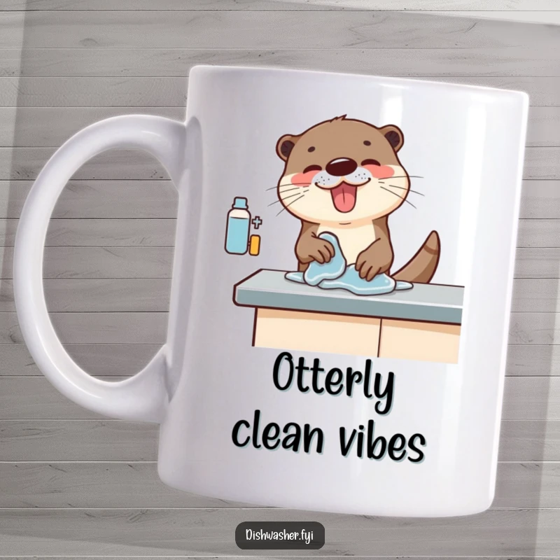 Funny mug showing an otter with boundless enthusiasm, energetically wiping down a kitchen counter with a sponge, radiating cleaning joy.