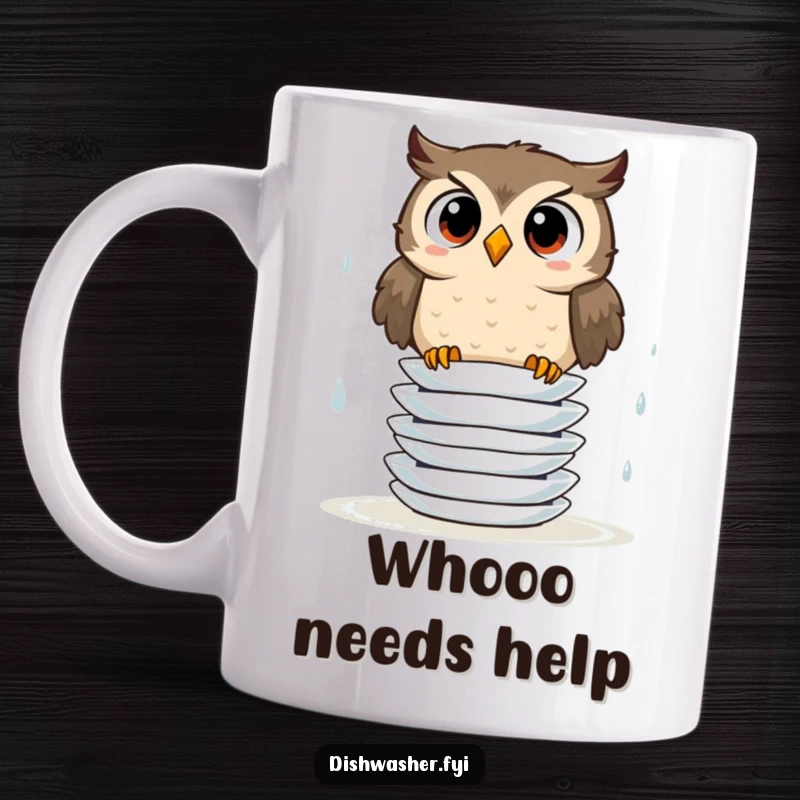 Funny mug depicting a wide-eyed owl attempting to stack wet, slippery plates, highlighting a precarious and comical situation.