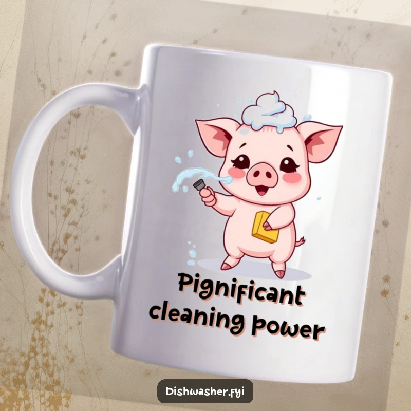 Funny piglet mug, showing a cute piglet proudly spraying soapy water from a sponge, humorous cleaning companion.