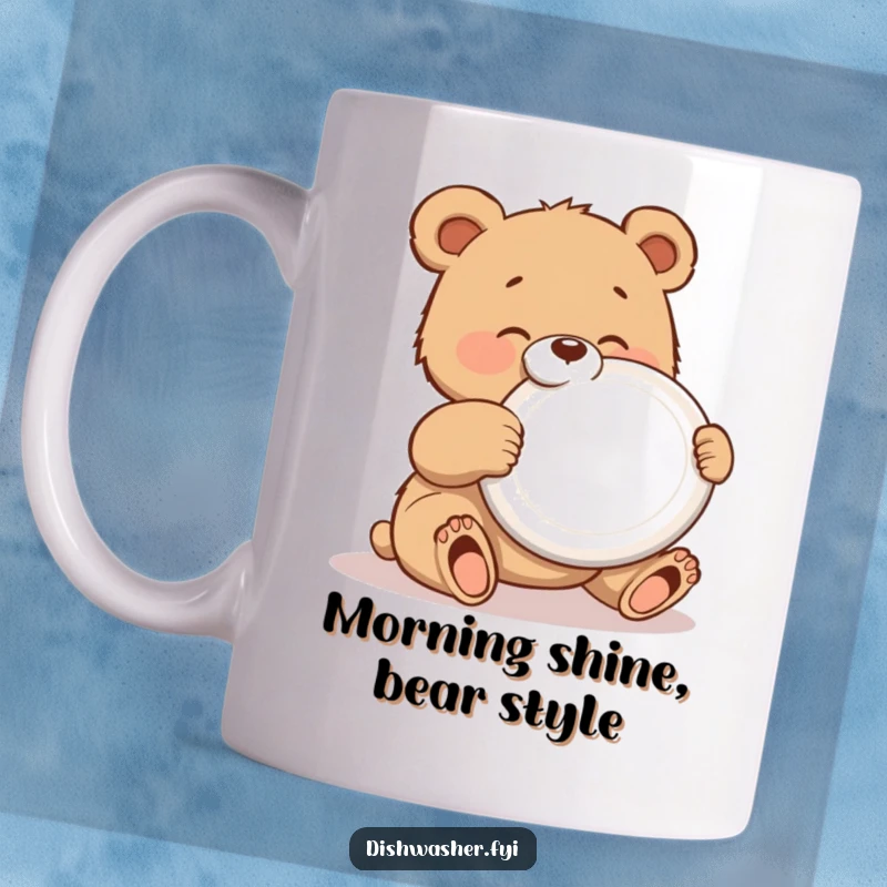 Funny bear cub mug with a gleeful expression polishing a shiny plate, a delightful and humorous gift for neat individuals.