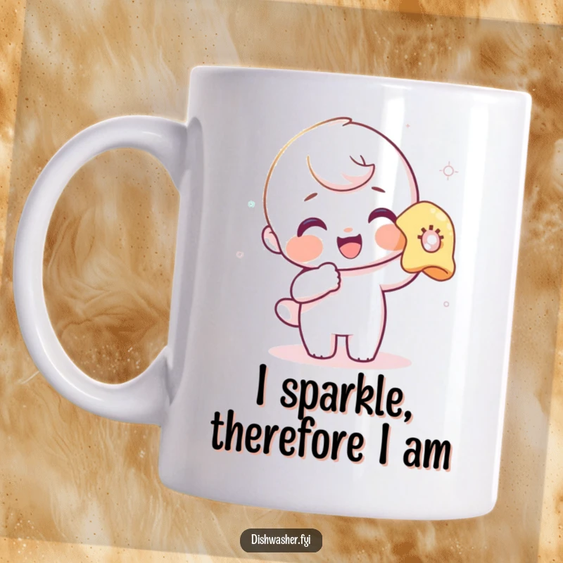 Funny mug of a happy character meticulously polishing a drinking glass with a soft cloth, showing dedication and glee.