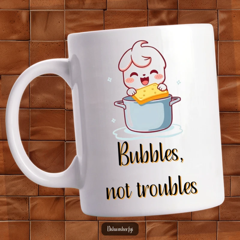 Funny mug featuring a joyful character gleefully scrubbing a pot with a bubbly sponge, embodying clean fun.
