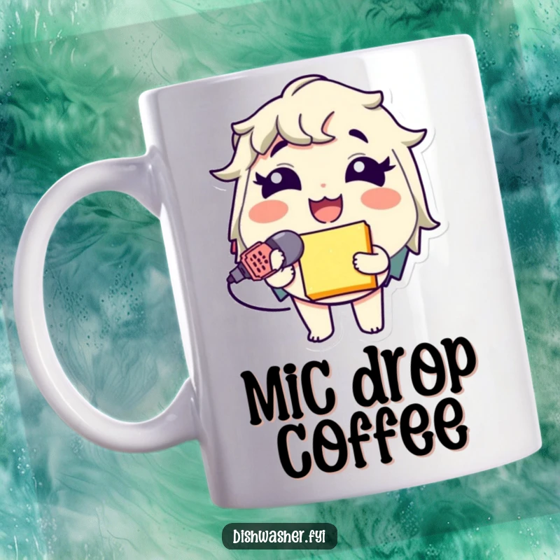 Funny Sponge Mic Mug featuring a giggling character using a sponge as a microphone, embodying hilarious karaoke and music humor.
