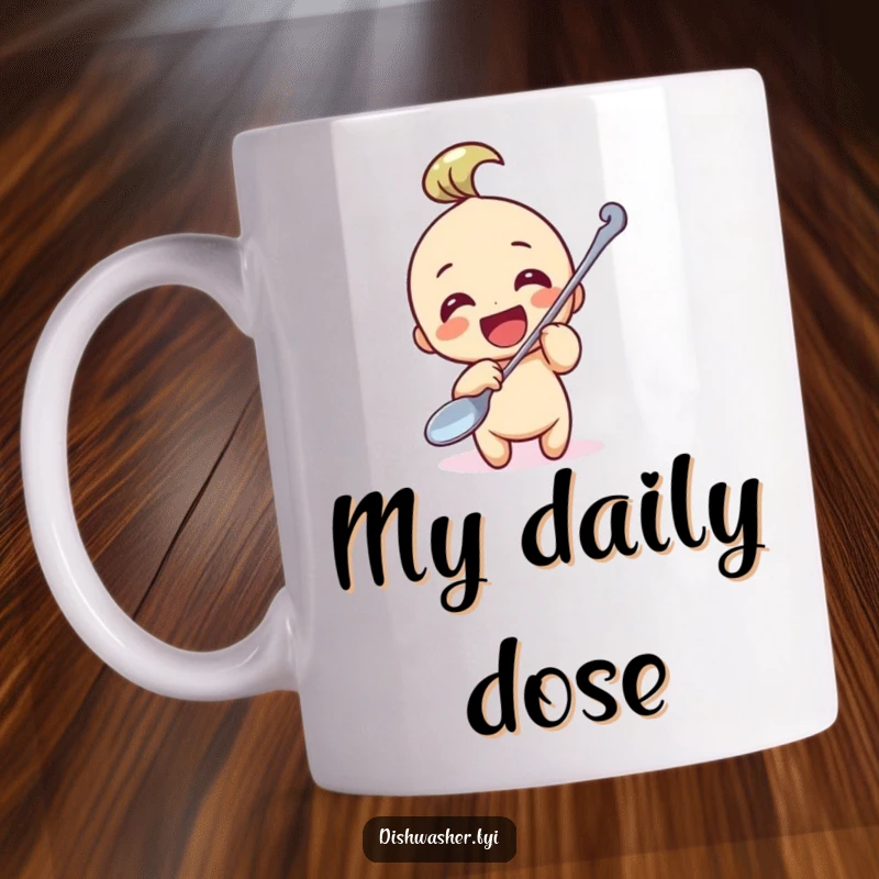 Funny Mug: A cheerful character gleefully polishing a giant spoon, showcasing a passion for shine and cleanliness.