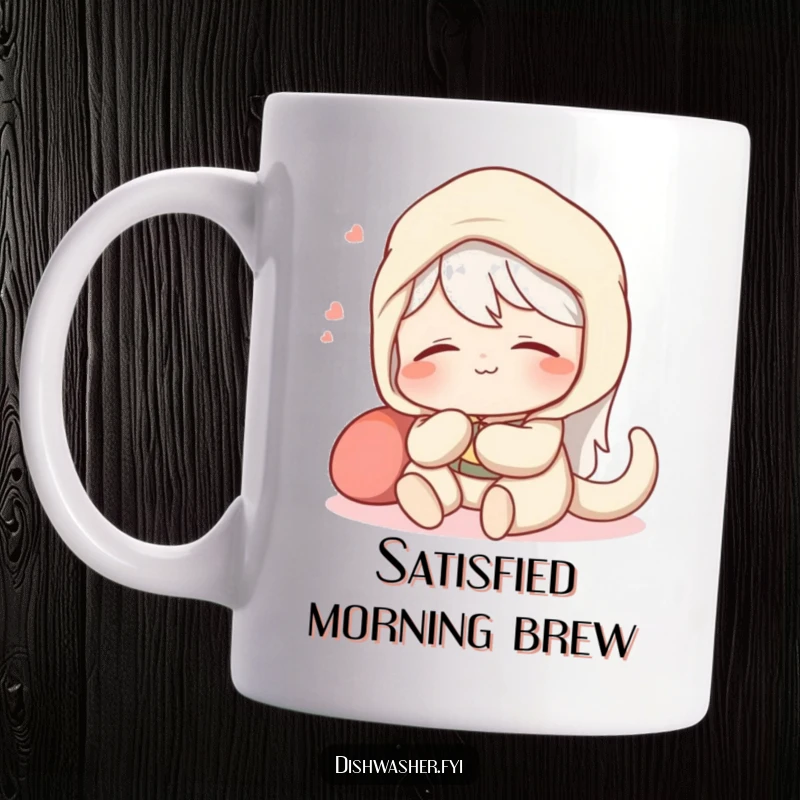 Funny mug showing a content character relaxing with a satisfied sigh after completing a perfectly spotless cleaning job.
