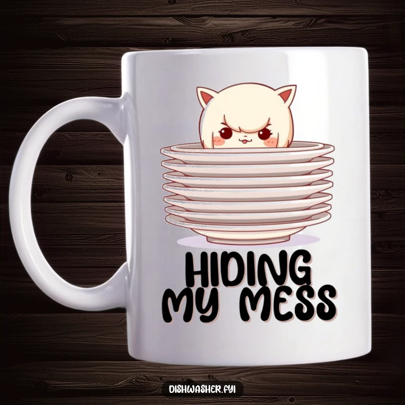 Funny mug featuring a mischievous character hiding behind a stack of clean plates, embodying playful secrets and a love for hiding.