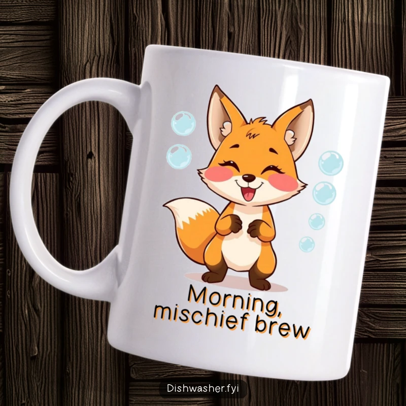 Funny Mug featuring a mischievous fox character playfully juggling shiny soap bubbles with an expression of pure glee, bringing joy to your sips.