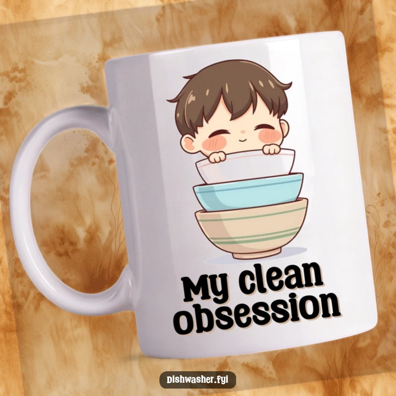 Funny Bowl Master Mug featuring a contented character admiring a perfectly stacked pile of clean bowls, embodying domestic bliss and humor.