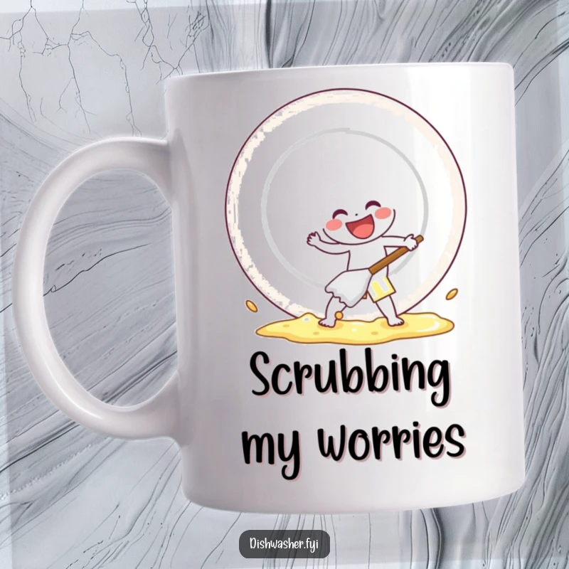 Funny mug featuring a cheerful character energetically scrubbing a giant plate with gusto, representing dedication and humor.