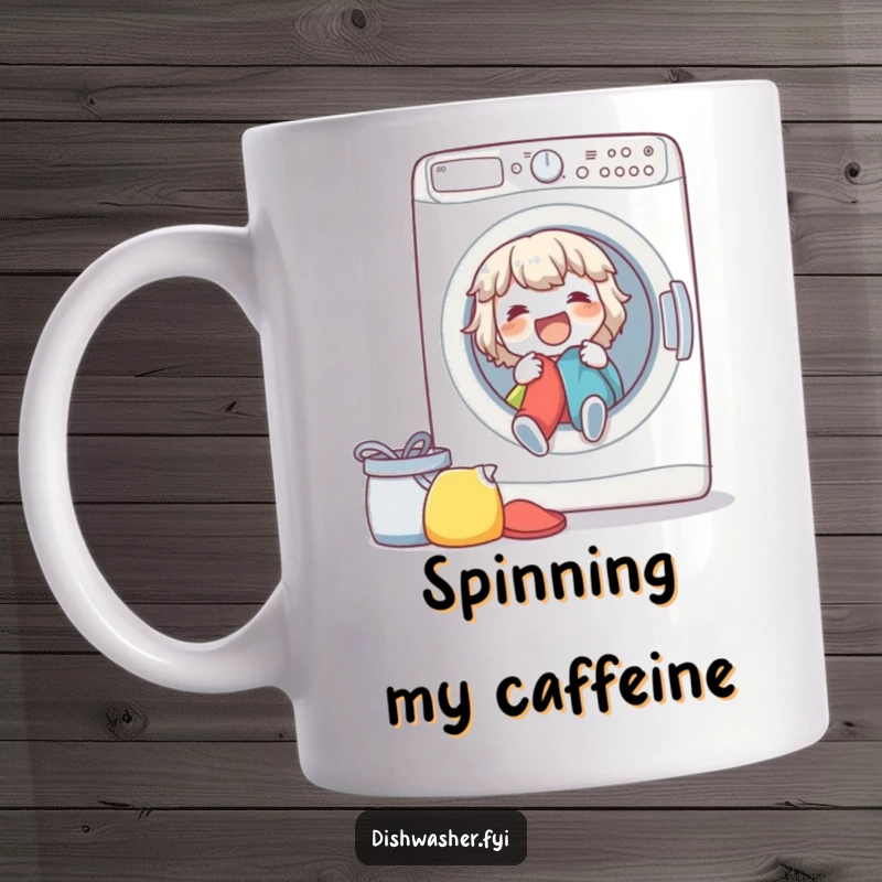 Funny spirited character joyfully loading clothes into a washing machine on a ceramic mug, embracing chores.